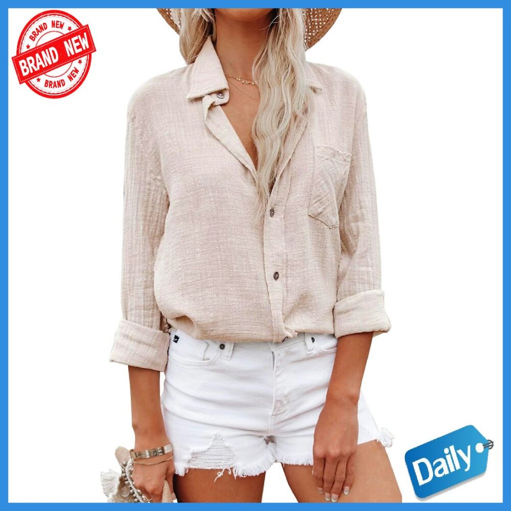 Oversized Cotton Button Down Shirt Long Sleeve Tunic With Pockets